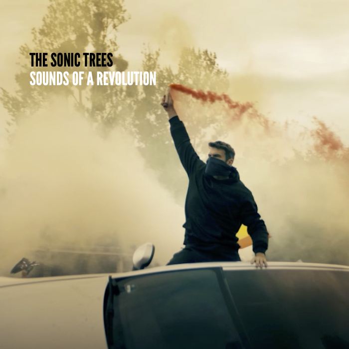 SOUNDS OF A REVOLUTION cover with a masked figure holding a smoke flare on a car roof