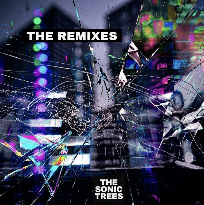 THE END REMIXES cover with colorful shattered glass and glitch textures